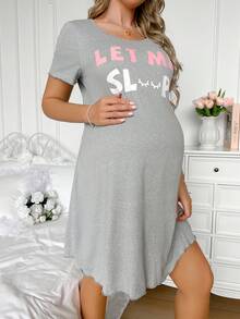 Moonlight&Mama Moonlight Mama Light Floral Light Pink Basic Cute Casual Fashion Comfortable Letter Print Ruffle Design Maternity Nursing Home House Dress Summer - Grey - View 3