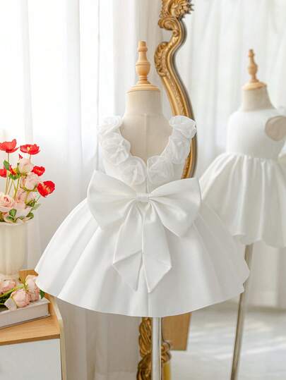 Glamorique Kids White Baby Girl Formal Dress, Premium Satin Fabric With Removable Bow And 3D Flower Back Decor, A-Line Full Skirt, Suitable For Baby's First Birthday Party, Birthday Party, Wedding Flower Girl, High-End Family Events, Daily Vacation, Family Photos, Graduation Prom, Sleeveless Summer Dress, Baby Girl Tutu Dress