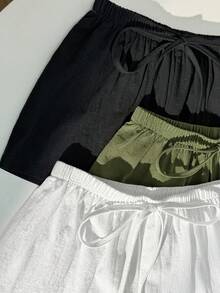 GlowEve 女款時尚休閒純色彈性腰綁帶寬鬆短版低腰短褲3件組，適合日常穿著 - 彩色 - 查看 3