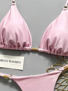 Swim Mod Setelan Baju Renang Dua Potong Wanita Musim Panas Warna Polos Model Halter Neck Seksi Modis - Berwarna merah muda - View 4