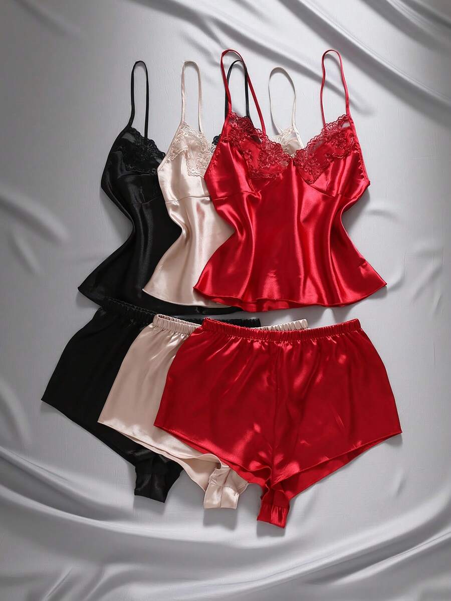 EmpressEnvy 3 件套女士缎面刺绣蕾丝 V 领吊带背心和短裤睡衣套装,多色组合 - 彩色 - 查看 1