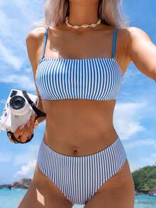 Swim Mod Women's Summer Beach Vacation Striped Print Removable Spaghetti Strap High Waist Bikini Set - Multicolor - View 1