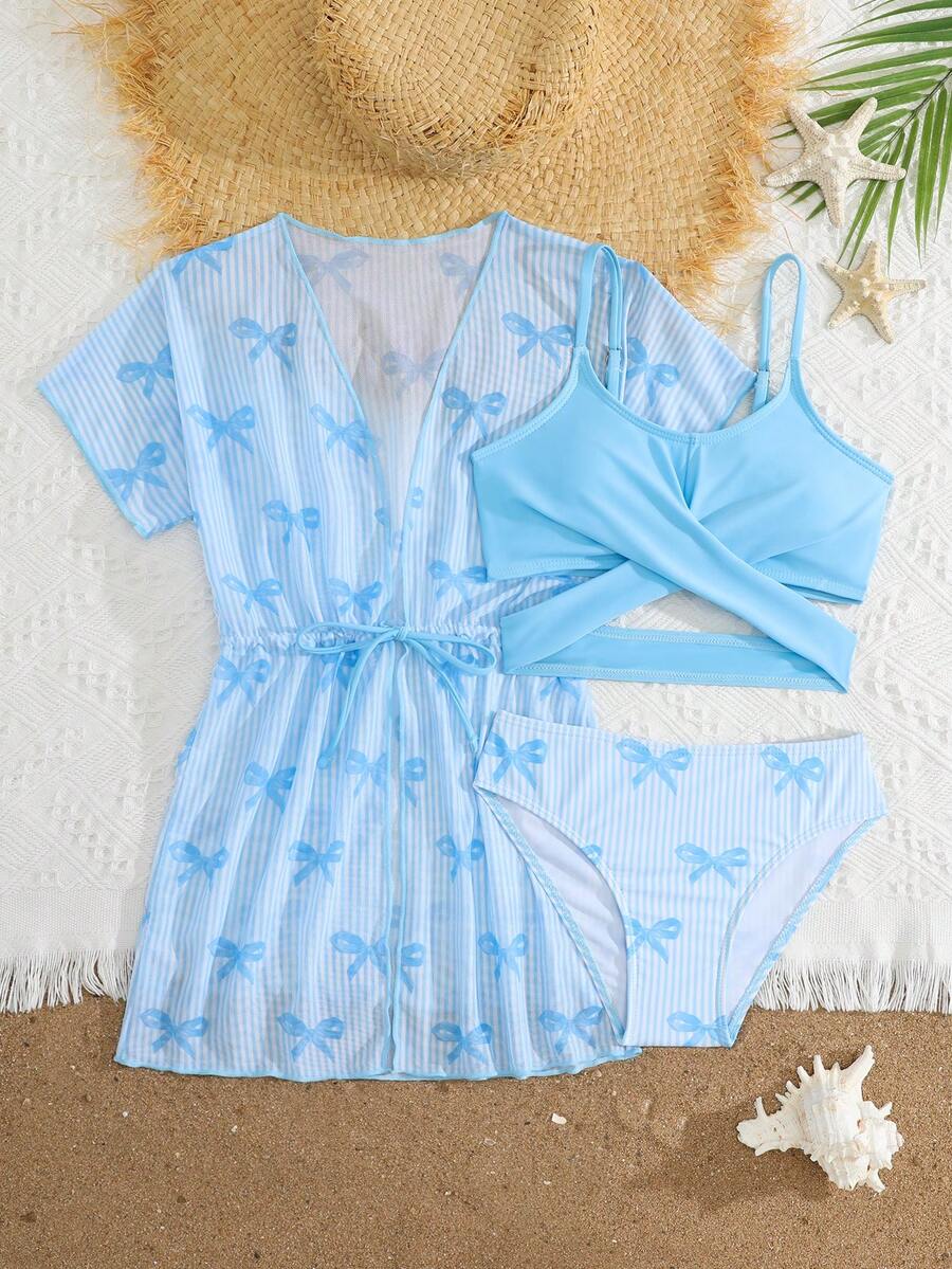 SHEIN Tween女孩海灘度假蝴蝶結印花交叉設計泳衣套裝,附和服式罩衫(隨機印花) - 藍色 - 查看 1