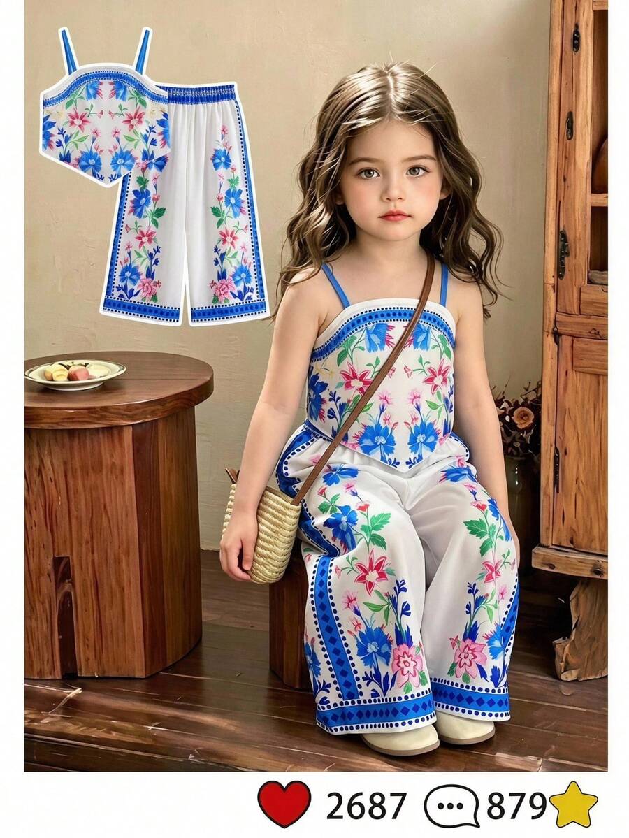 Young Girl Floral Print Camisole + Wide Leg Pants Set, Suitable For Summer Vacation