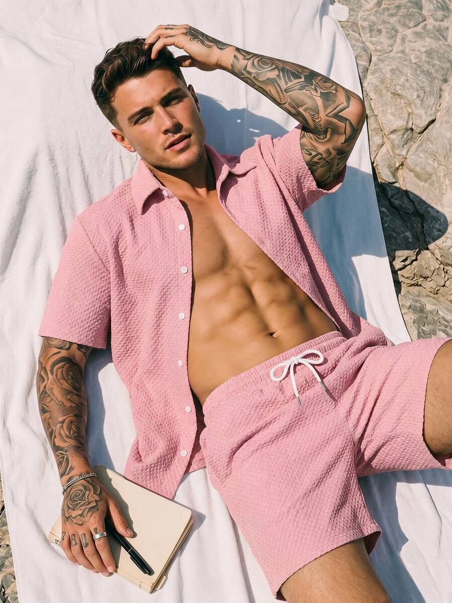 Surfspeed Men's Front Button Short Sleeve Casual Shirt And Shorts Set, Summer, Holiday - Pink - View 1