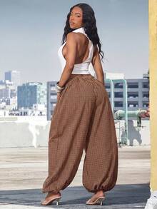 Denimoi Fashionable Retro Plaid Loose Casual Streetwear Cuffed Ankle Women's Long Pants - Multicolor - View 2