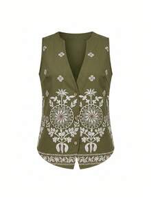 SHEIN LUNE Island Style Easy V-Neck Open Front Placement Print Vintage Tropical Boho Casual Vacation Vest Commuter Premium Women's Tank Top Green Floral Summer - Multicolor - View 5