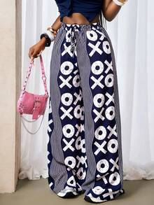 BamGleam Fashionable Casual Commuter City Break Vacation Wave Pattern Symbol Print Wide Leg Long Pants Navy Blue And White Autumn Vacation - Multicolor - View 7