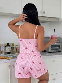 ZzzCrew Conjunto de pijama de talla grande con camisola y shorts ajustados, estampado de rayas, decoración de botones y lazo - Multicolor - Ver 2