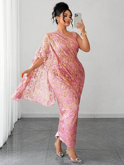 Elenzga Plus Size Lace Mesh Gold Foil Fabric Square Neck Sleeveless Cinched Waist Bodycon Sari-Style Wrap Long Dress, Elegant & Glamorous For Outings, Dates, Parties, Gatherings And Vacations