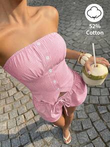 Sunnyshic Atasan Bandeau Katun Bergaris Biru & Putih dengan Lipatan Belakang, Plaket Kancing Palsu Depan, Hem Asimetris, dan Set Pinggang Rendah untuk Wanita, Musim Semi/Panas, Liburan, Pantai, Elegan, Perjalanan, Minimalis, Manis, Imut, Belanja, Kencan, Serbaguna untuk Sehari-hari - Merah - View 3