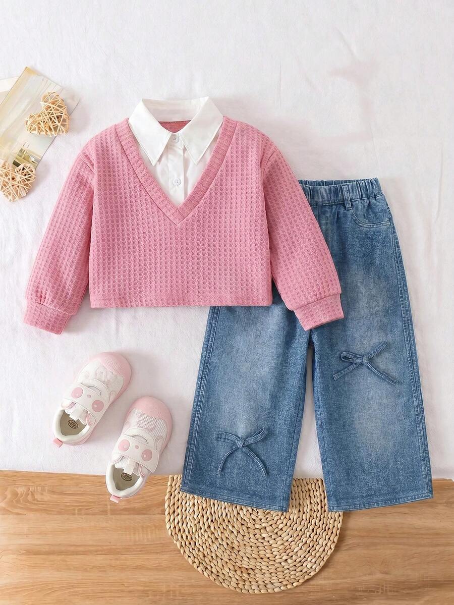 SHEIN Set Baju Atasan Lengan Panjang dan Celana Panjang Pinggang Elastis 2 in 1 Lucu untuk Bayi Perempuan - Berwarna merah muda - View 1