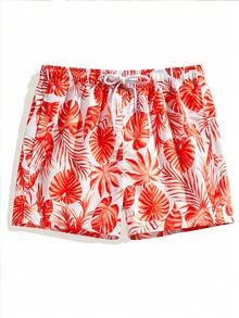 Azuldrift Men's Tropical Plant Print Drawstring Waist Beach Shorts, Holiday - Orange - View 3