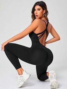 SHEIN Sports 交叉露背纯色运动连体裤 - 黑色 - 查看 3