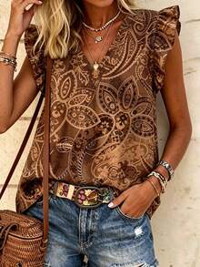 SHEIN LUNE Women's Floral Print V-Neck Short Flutter Sleeve Blouse - Multicolor - View 3