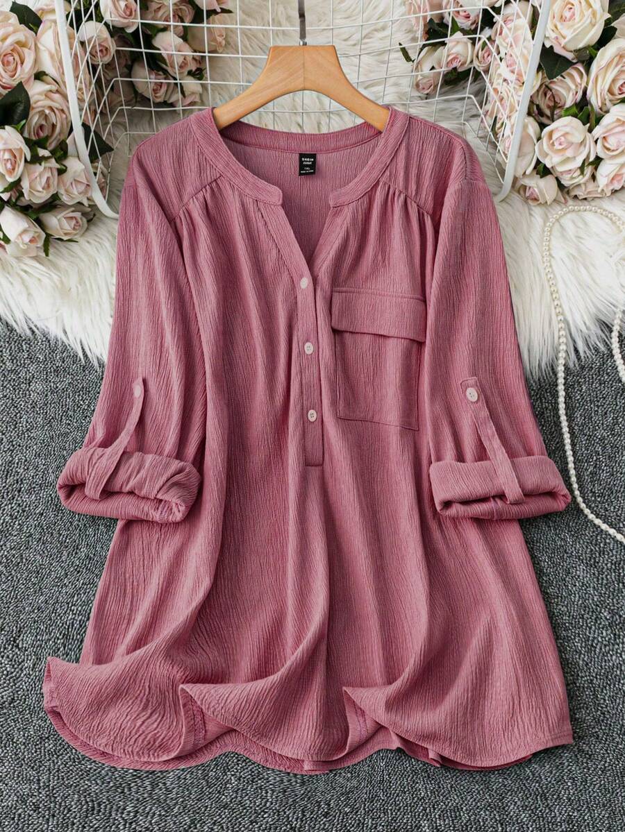 SHEIN Clasi Plus Size Casual Versatile Solid Color Rolled Sleeve Shirt - Coral Pink - View 1