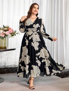 Reflora Plus Size Elegant Floral Print Dress - Black and White - View 3
