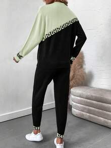 SHEIN LUNE 2件套女士撞色拼布毛衣和针织裤套装 - 綠色 - 查看 2