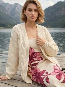 CAJUNI Elegante lässige Damen Strick-Cardigan in Unifarbe, geeignet für den Urlaub - Creme - Übersicht 6