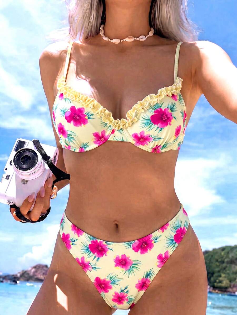 Swim Mod 夏季度假甜美花卉百褶細肩帶露背綁帶比基尼套裝 - 彩色 - 查看 1
