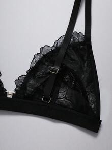 EmpressEnvy Set Lingerie Seksi 2 Potong dengan Penutup Depan dan Motif Renda untuk Wanita - Hitam - View 4