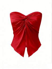 GlowEve Blus Satin Tanpa Tali dengan Detail Simpul untuk Wanita, Elegan untuk Sehari-hari, Liburan, Jalan-jalan, Pesta, Musim Semi/Panas, Warna Merah - Merah - View 8