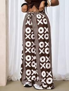 BamGleam Fashionable Casual Commuter City Break Wave Pattern Symbol Print Wide Leg Long Pants Brown Summer - Multicolor - View 6