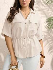 Comfylo Plus Size Women Drawstring Waist Short Sleeve Utility Pocket Loose Shirt - Apricot - View 1