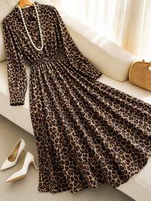 Elenzga Plus Size Women's Summer Elegant Casual Vintage Leopard Print Lapel Long Sleeve Elastic Waist Long Brown Casual Dress - Brown - View 4