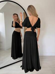 TRNVIE Fashionable Spring/Summer White Apricot V-Neck Mesh Top And Long Skirt Women's Two Pieces Set - Black - View 2