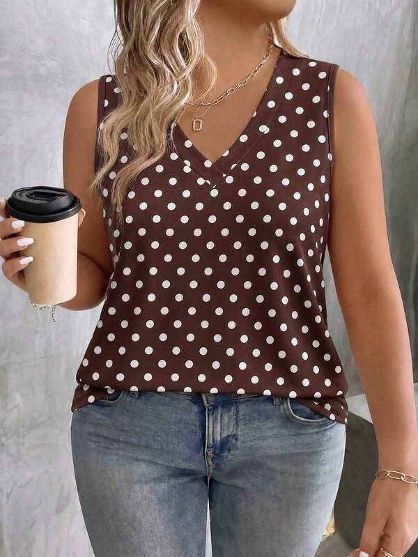 Áo ba lỗ nữ size lớn cổ V xếp tầng họa tiết chấm bi phong cách casual đa năng, mẫu mới bán chạy mùa Xuân/Hè