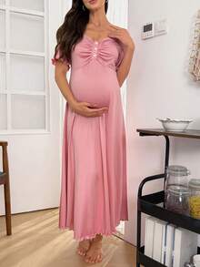 Moonlight&Mama 孕婦夏季哺乳時尚百褶素色睡裙，適合居家穿著 - 藕粉色 - 查看 4