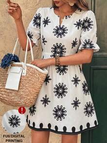 Breezaya Women's Elegant Summer Retro Floral Print Short Dress,Black And White Boho Petal Sleeve A-Line Waist Cinched V Neck Holiday Tea Party French Outfits - Black and White - View 1