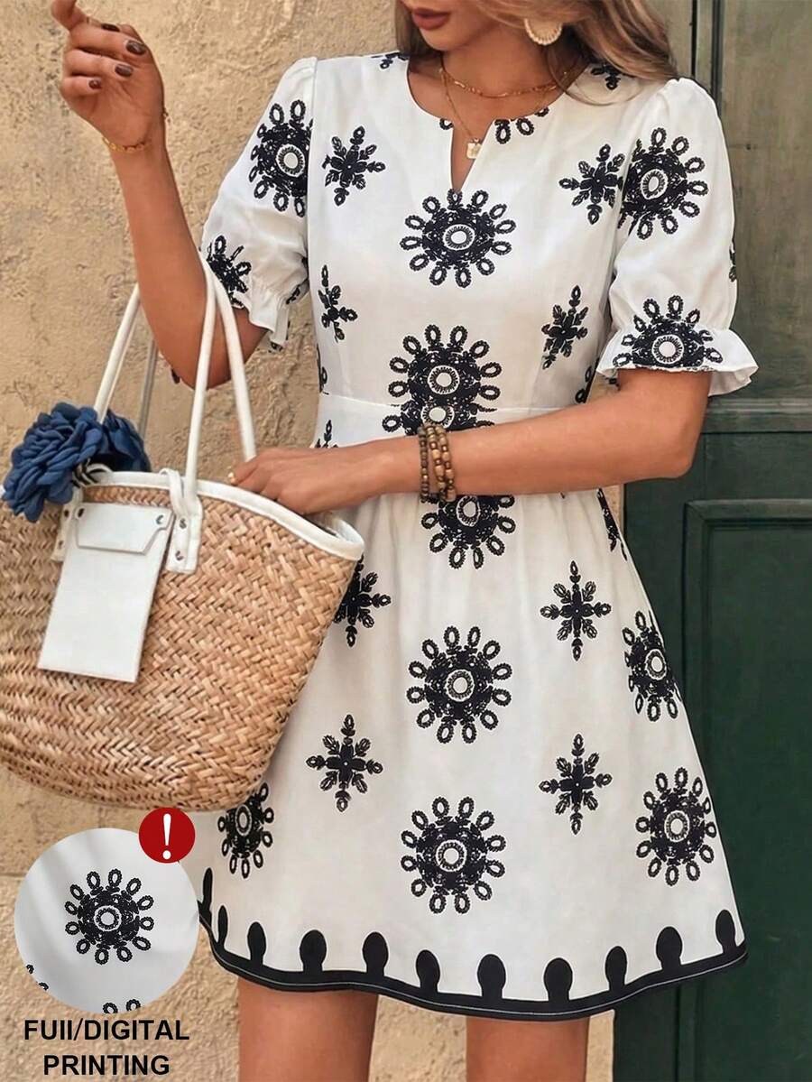 Breezaya Women's Elegant Summer Retro Floral Print Short Dress,Black And White Boho Petal Sleeve A-Line Waist Cinched V Neck Holiday Tea Party French Outfits - Black and White - View 1