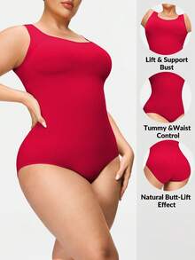 SHAPORA Plus Size Women's Solid Color Everyday Shaping Jumpsuit - Red - View 8