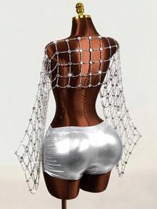 Mistrie Women's Sexy Techno Party Club Rave Top, Women's Rhinestone Party Top Silver Summer - Silver - View 5