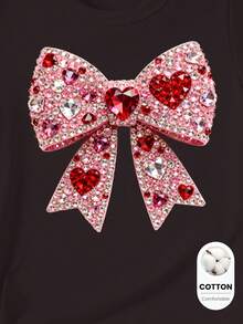 Spring Summer Autumn Girls Toddler Fashion Creative Refreshing Glitter Pink Bow Shape Pattern Print Casual Basic Short Sleeve T-Shirt - Black - View 5
