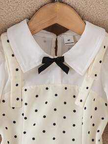 Elladie kids 女童甜美清新學院風波點印花二合一長袖背心裙，襯衫領、黑色蝴蝶結、荷葉邊飾、肩帶、收腰、A字裙擺，柔軟親膚舒適百搭，適合上學、生日、派對 - 杏色 - 查看 9