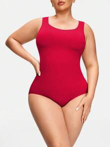 SHAPORA Plus Size Women's Solid Color Everyday Shaping Jumpsuit - Red - View 3