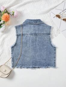 女童牛仔夾克背心，夏季新品，淺色水洗無袖毛邊領牛仔上衣，休閒學院風外套，毛邊下擺牛仔背心，適合日常穿著、出遊、派對、戶外、夏季度假 - 淺色水洗藍 - 查看 2