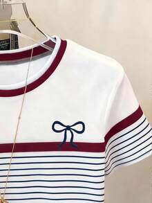 Tween Girls Casual Comfortable Fashion Minimalist Versatile Personalized Striped Bow Pattern Print T-Shirt Casual Style Spring Summer Short Sleeve T-Shirt Striped Contrast Color Slim Fit Top Daily Wear Suitable For Spring Summer Autumn Tops - Multicolor - View 4