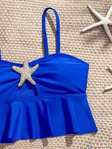 SHEIN Conjunto de traje de baño de dos piezas para niña preadolescente con top tankini de unicolor con decoración de estrella de mar y volantes y Bottom de bikini triangular, adecuado para vacaciones de verano y playa - azul real - Ver 4