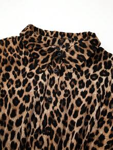 Elenzga Plus Size Women's Summer Elegant Casual Vintage Leopard Print Lapel Long Sleeve Elastic Waist Long Brown Casual Dress - Brown - View 5