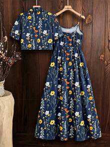 Linhara Plus Size Women's Printed Camisole Maxi Dress Vacation Sundress 2 Pieces Set Vacation Navy Blue Summer Boho - Navy Blue - View 2