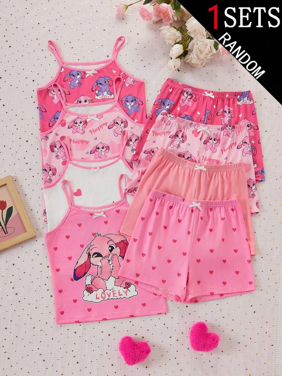 1套女童吊帶上衣與短褲家居服套裝,盲盒款式,4款設計,隨機發貨1款,上衣與短褲印有可愛卡通兔子與愛心圖案,營造甜美活潑風格,柔粉色與白色配色,柔軟針織面料,親膚光滑觸感,垂墜感佳,舒適貼身,可機洗 - 彩色 - 查看 1