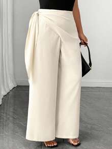 SHEIN Clasi Plus Size Lace-Up Straight Leg Casual Business Solid Color Elegant Women's Trousers Fall - Apricot - View 5