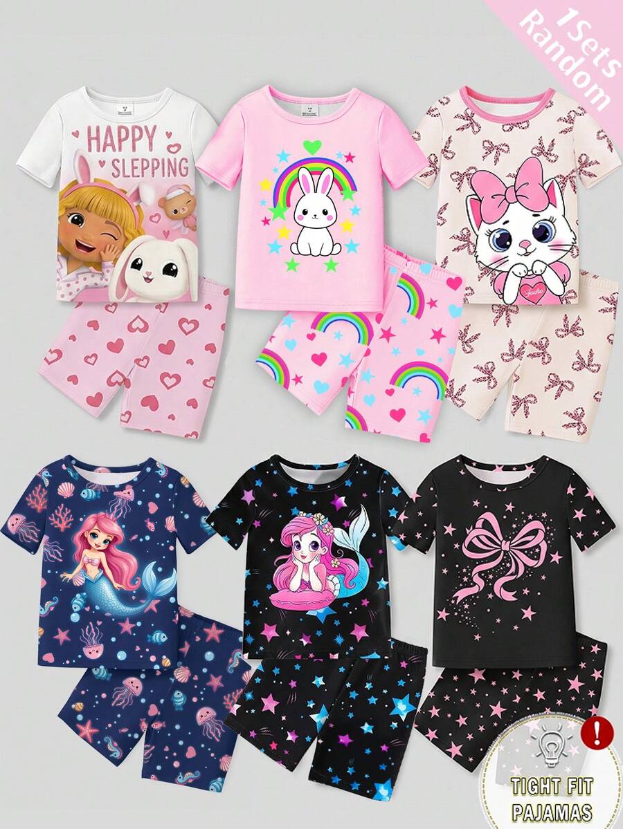 [Random Assortment]Young Girls Pajamas Spring/Summer New Fashion Cute Girls.Rabbit.Mermaid.Cat.Bow Combination Hot-Selling Pattern Print, Knitted Tight Fit High Elastic Fabric Short Sleeve Shorts Pajama Set Tight Fit Pajama (Random Shipment) - Multicolor - View 1