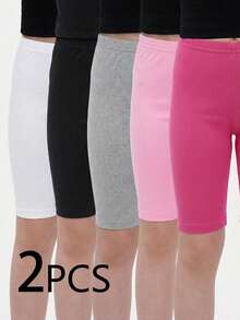 SHEIN 5pcs Randomly Sent 2pcs; 4-7 Years Old Girls Leggings Randomly Sent 2pcs, Random Color, Solid Soft All-Match Versatile Daily Children Shorts - Multicolor - View 5
