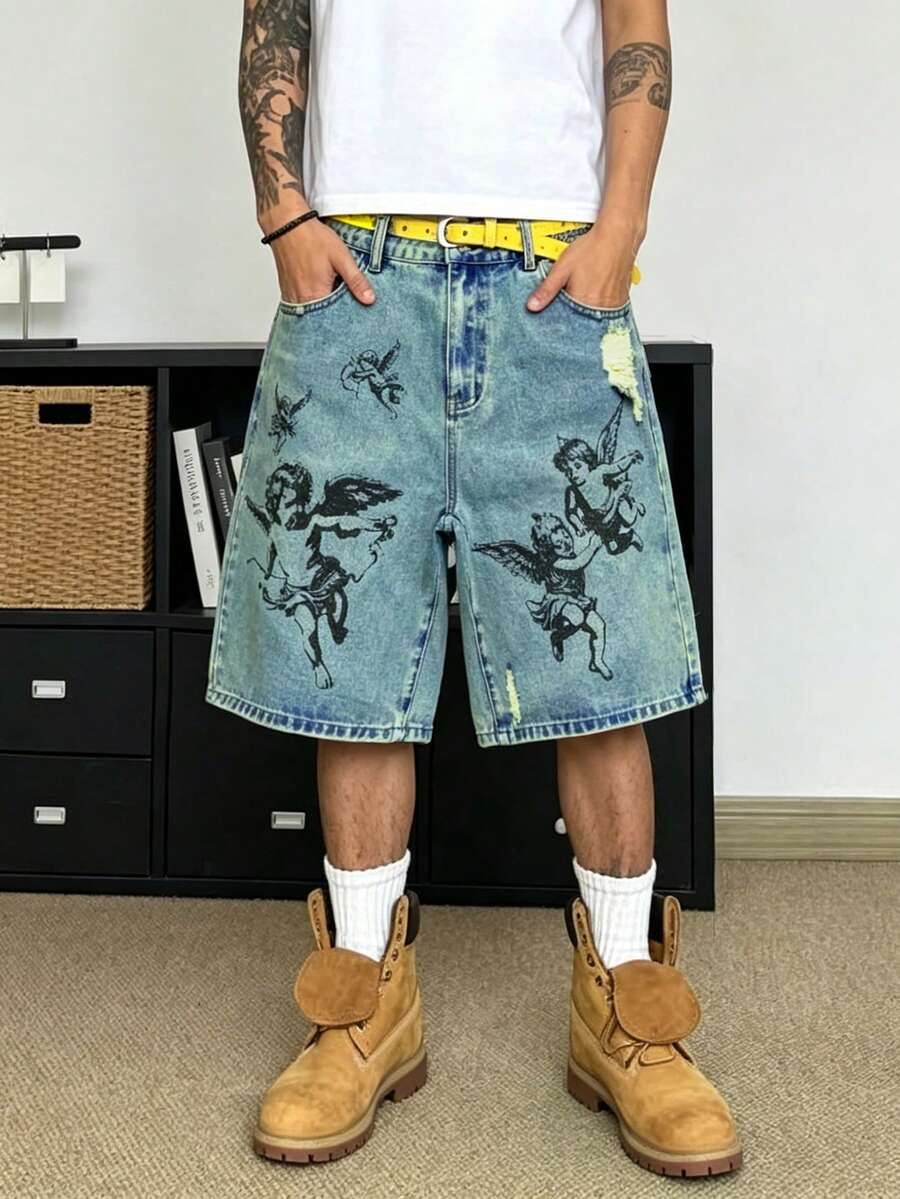STEELVANCE 男士街頭風哥德式天使印花水洗牛仔短褲 - 中等水洗藍 - 查看 1