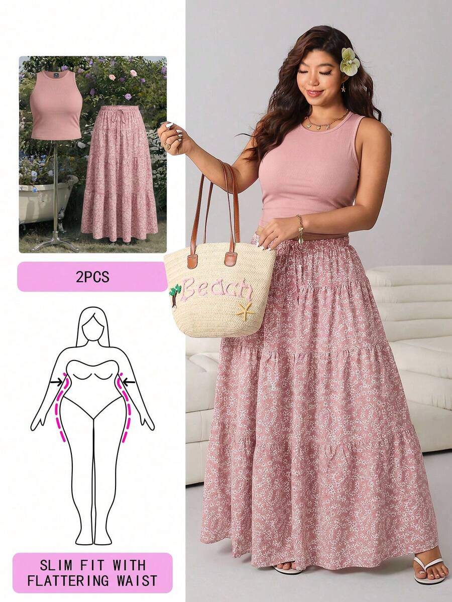 Solflare Casual Light Pink Dusty Pink Plus Size Women's Round Neck Tank Top And Ditsy Floral Skirt 2-Piece Set Beach Vacation Summer - Pink - View 1